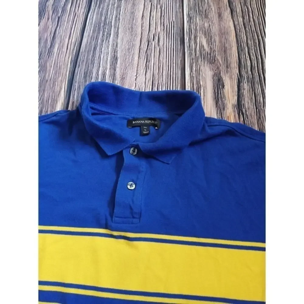 Banana Republic Polo Mens Blue Yellow Striped‎ Short Sleeve Size Large Tall LT
